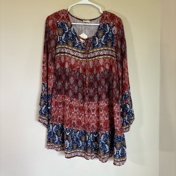 hem &‎ thread NWT Boho Short dress Long Sleeve Flowy Rayon - Picture 1 of 9
